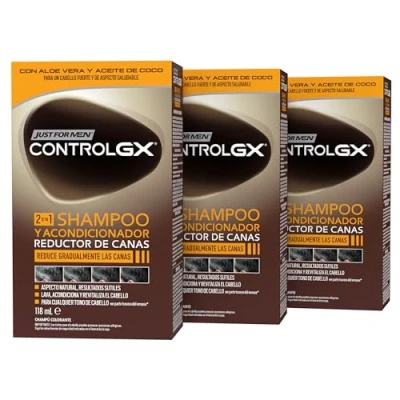 Abbildung von Just For Men Control GX Shampoo und Conditioner für graues Haar, reduziert schrittweise dauerhaft graue Haare bei jeder Wäsche, alle Farbtöne, 118 ml, 3 Stück