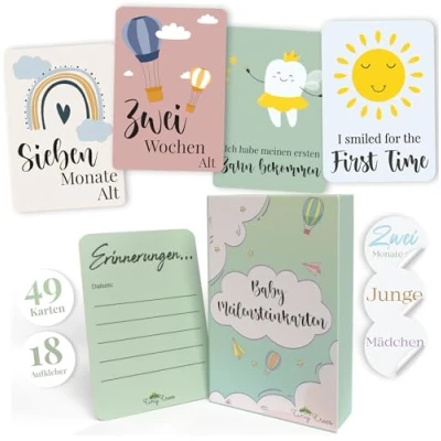 Abbildung von Tiny Trees® 49 Baby Meilensteinkarten &amp; 18 Aufkleber in Geschenkbox für Jungen Mädchen Geschenk zur Schwangerschaft, Geburt, Babyparty Babykarten (Deutschsprachig)