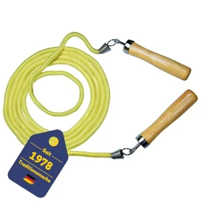 Abbildung von Best Sporting Springseil mit Holzgriffe, gelb, Länge 280 cm, Ein gelbes Holzgriffen.