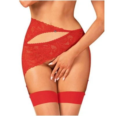 Abbildung von Obsessive Strumpfgürtel Atenica I Dessous Für Frauen Aus Spitze Asymmetrischer Verschluss Mit Cut out Auf Der Vorderseite Verstellbare Strumpfhalter Rot XS S
