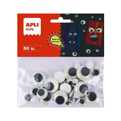 Abbildung von APLI Kids 19368 Beutel mit 50 beweglichen Augen, rund, selbstklebend, Glow in the Dark, Bastelmaterial, leuchtet im Dunkeln, DIY fluoreszierend.