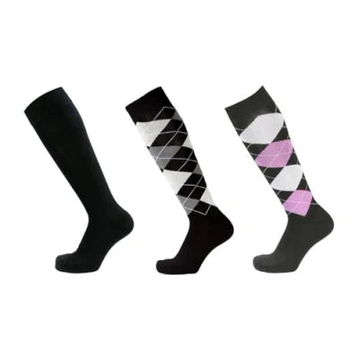 Abbildung von PFIFF Reitstrumpf kariert 3er Set Reitsocken, Schwarz Weiß, Schwarz, Lila Flieder, 40 42