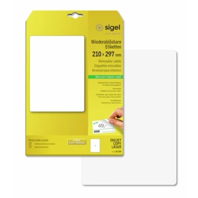 Abbildung von SIGEL LA230 Etiketten selbstklebend, bedruckbar, wieder rückstandsfrei ablösbar, weiß, 210 x 297 mm (A4), 25 = Blatt, abgerundet
