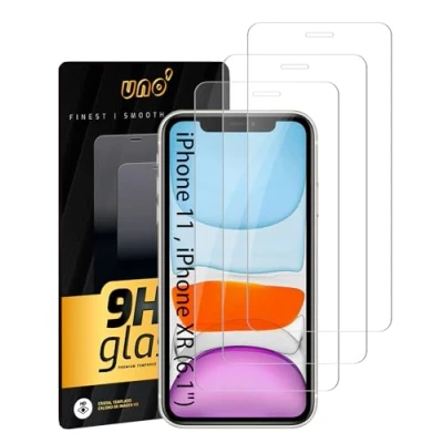 Abbildung von UNO&#039; 3 Stück Displayschutz für iPhone 11/XR (6,1&quot;). Anti Fingerabdruck, kratzfest, Oberflächenhärte 9H, blasenfrei, ultra resistent, transparent.