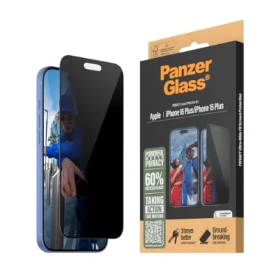 Abbildung von PanzerGlass® Privacy Displayschutz für Apple iPhone 16 Plus aus Panzerglas, hohe Kratzfestigkeit, Stoßfestigkeit, Fingerabdruckfreie Beschichtung mit Montagehilfe einfache Installation