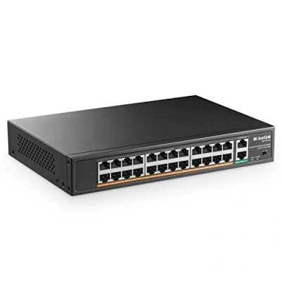 Abbildung von MokerLink 24 Port PoE Switch, 2 Gigabit Uplink Ethernet Port, 400 W Hochleistung, Unterstützung von IEEE802.3af/at und Nicht verwaltetem + für die Rackmontage