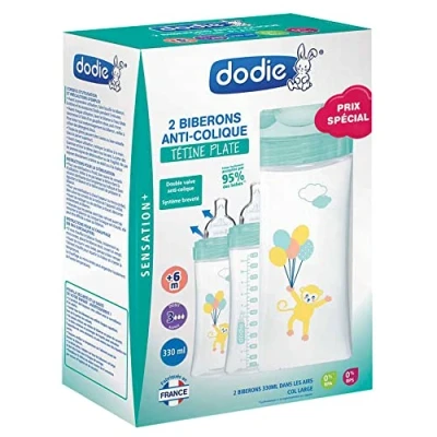 Abbildung von Dodie Set mit 2 Babyflaschen, Antikolik Sensation+ (2 x 330 ml), flacher Sauger, Fluss 3, BPA frei, +6 Monate, Grün und Blau Luft