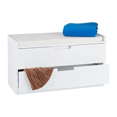 Abbildung von Relaxdays Sitzkommode, Garderobenbank mit 2 Schubladen, Landhausstil, Auflage zum Sitzen, HBT: 45 x 80 36 cm, weiß
