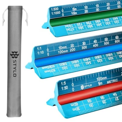 Abbildung von 30 cm Aluminium Architektonisches Lineal, dreieckig, Metrische Skalen 1:20, 1:25, 1:50, 1:75, 1:100, 1:125, Ideal für Architekten, Studenten, Zeichner, Ingenieure (Hellblau, Einheiten)