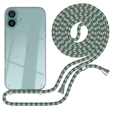 Abbildung von EAZY CASE Handykette kompatibel mit iPhone 16 Plus Handyhülle Umhängeband, Handykordel Schutzhülle, Hülle Band, Stylische Kette Smartphone, Hell Grün Camouflage Clips Silber