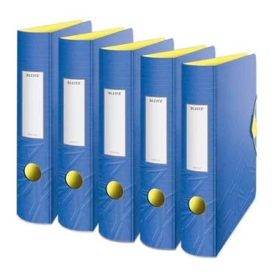 Abbildung von Leitz Qualitäts Ordner 180 Active, 5er Pack, A4, Schmal, Abgerundeter Rücken, 6,5 cm breit, Gummibandverschluss, Leichtes Polyfoam, Plastik Ordner, Urban Chic Serie, Blau, 11170032
