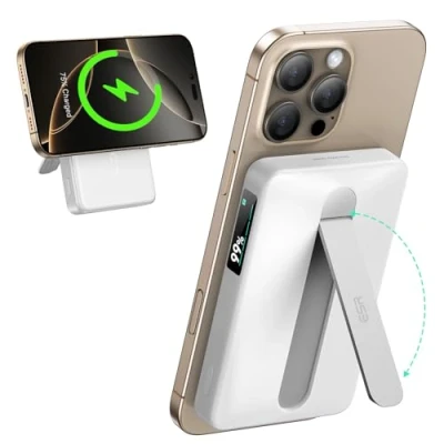 Abbildung von ESR Qi2 zertifiziertes MagSafe Power Bank, Ständer 10.000mAh 15W schnelles tragbares Ladegerät, Smart LED Display Powerbank, Ladegerät mit USB C Kabel für iPhone 16/15/14/13/12, Weiß