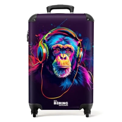 Abbildung von NoBoringSuitcases.com Kinderkoffer, Kinder Koffer, Koffer Kinder, Reisekoffer, Reisekoffer Handgepäck Trolley 55x40x20 cm (Schimpanse Neon Violett)