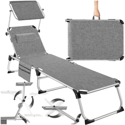 Abbildung von tectake® Sonnenliege mit Dach, Balkonliege aus Aluminium, klappbare Gartenliege, wetterfest, Liegestuhl für Garten, Camping &amp; Strand, verstellbarer Rückenlehne, Kopfkissen, Seitentasche grau meliert