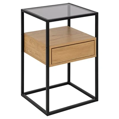Abbildung von ACTONA GROUP Nachttisch &quot;Nachtschrank&quot;, Nachtkommode, gehärtetem Rauchglas, Stahl Beinen, Schublade, B: 40 cm
