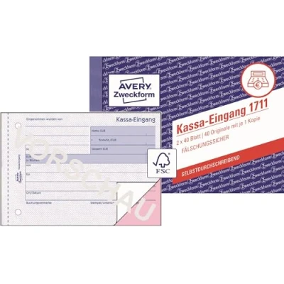 Abbildung von AVERY Zweckform 1711 Kassa Eingang speziell für Österreich (A6 quer, 2x40 Blatt, selbstdurchschreibend mit farbigem Durchschlag, fälschungssicherer Dokumentendruck) weiß/rosa