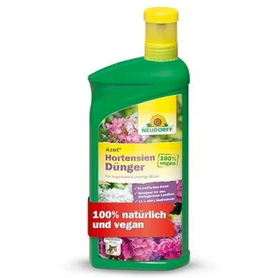 Abbildung von Neudorff Azet HortensienDünger 100% natürlicher Bio Dünger mit hohem Kaliumgehalt und Extra Eisen für prächtig blühende Hortensien im Beet Kübel, 1 Liter