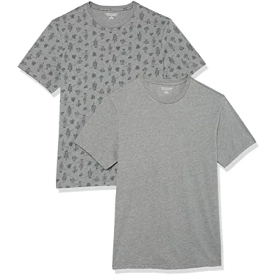 Abbildung von Amazon Essentials Herren T Shirt mit kurzen Ärmeln und Rundhalsausschnitt in schmaler Passform, 2er Pack, Grau Kaktus/Heide, S