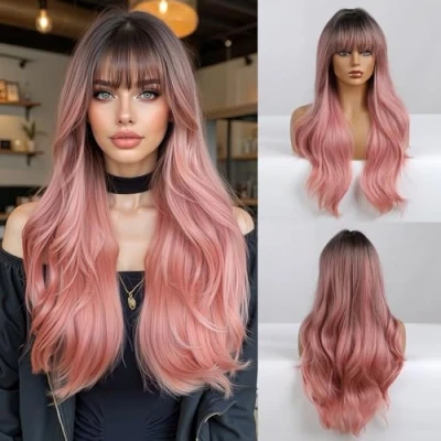 Abbildung von Esmee 24 Zoll Lange Lockige Haar Perücken für Frauen Ombre Farbe Schwarz bis Rosa Natürlich Synthetische Hitzebeständige mit Pony