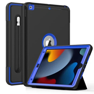Abbildung von DAORANGE Hülle für Neu iPad 10.2 (9. Generation/8. Generation/7. Generation), Stoßfeste Schutzhülle[Stifthalter] mit Auto Schlaf/WachenFunktion Ständer 10,2 Zoll 2021/2020/2019(Schwarz+Blau)