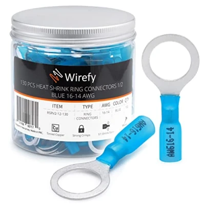 Abbildung von Wirefy Blaue Ringkabelschuhe Schrumpfverbinder M12 Lötfreie Kabelschuhe Sortiment Ringkabelschuh Quetschverbinder 1,5 2,5 mm² 130 Stück
