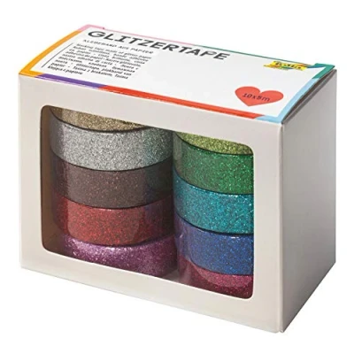 Abbildung von folia Deko Klebeband 15 mm x 5 m glitter gold, silber, braun, rot, lila, pink, blau, türkis, grün, hellgrün;