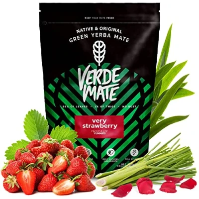 Abbildung von Verde Mate Green Very Strawberry 500 g Einzigartige Verbindung von Tee und Erdbeere Nur natürliche Zusätze Brasilianischer in kalter warmer Form Perfekt für Anfänger