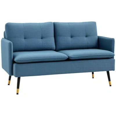 Abbildung von 2 Sitzer Sofa, Couch mit Dickem Kissen, Leinenoptik und Stahlbeine Blau