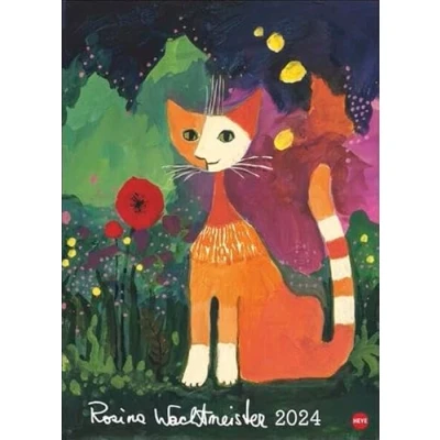 Abbildung von Rosina Wachtmeister Edition Kalender 2024. Die charakteristischen Katzen und andere Motive in einem hochwertigen Kunstkalender, Szene gesetzt mit Gold Silberprägung. Wandkalender XL.