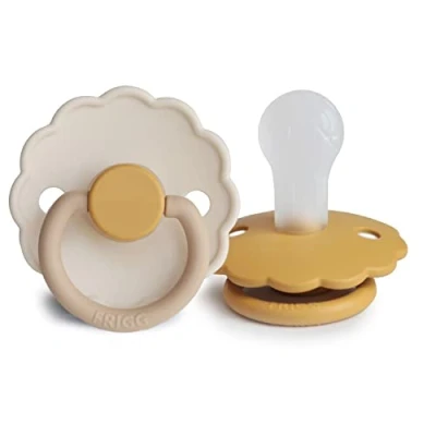 Abbildung von FRIGG Daisy Silikon Schnuller 2 Packung Symmetrischer Sauger in Kirschform BPA frei Hergestellt Dänemark (Chamomile/Honey Gold, Größe 1 (0 6 Monate))