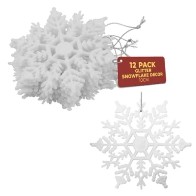 Abbildung von Festive Fix 10 cm hängende Glitzer Schneeflocken Dekorationen in 12 Stück Weiß Weihnachtsdekorationen für Urlaub und Party zum Aufhängen