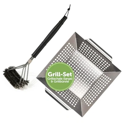 Abbildung von Blumtal Grillbürste Edelstahl &amp; Grillschale (Large) Set Grillreiniger Gasgrill Grillbürsten Grillkorb 29,5 x 6 cm Spülmaschinengeeignet Grillrost Bürste im