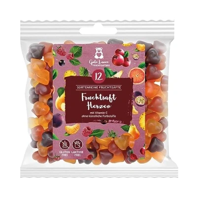 Abbildung von Fruchtsaftherzen Herzen Gummibärchen 20% sortenreine Fruchtsäfte Ohne künstliche Farbstoffe und Geschmacksverstärker Gluten Laktosefrei