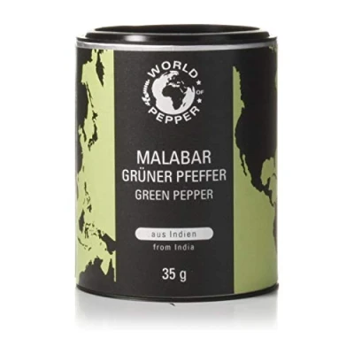 Abbildung von Grüner Pfeffer aus Malabar World of Pepper 35g grüne Pfefferkörner von der Küste Indiens Premium Qualität mit Zufriedenheitsgarantie
