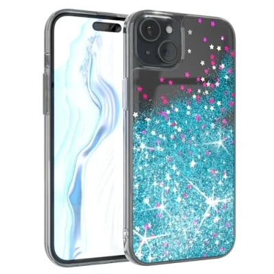 Abbildung von EAZY Case Glitzer Hülle kompatibel mit iPhone 15 Plus Handyhülle für Silikon leichtes Shiny Cover stoßfestes Phone als Fallschutz in Klar Transparent/Blau