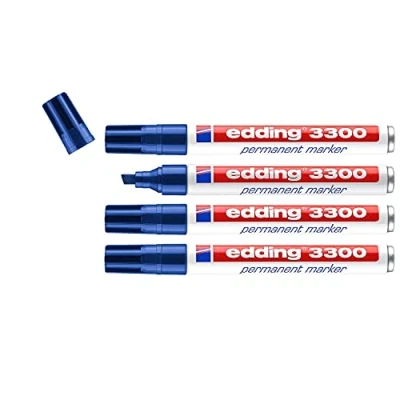 Abbildung von edding 3300 permanent marker blue 4 pens chisel nib 1 5 mm quick drying markers waterproof, smudge proof for cardboard, plastic, wood, metal, fabric