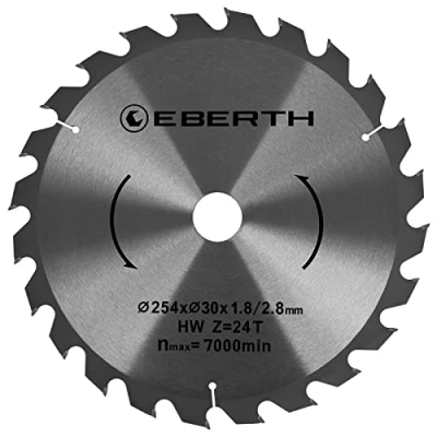 Abbildung von EBERTH Kreissägeblatt aus Stahl mit Hartmetall Zähnen 254mm Durchmesser, 30mm Bohrung, 1.8mm Blättstärke, 2.8mm Schnittbreite, 24 Zähne, RPM Max. 7000