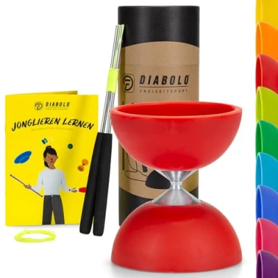 Abbildung von Diabolo Freizeitsport Jonglier Set Basic (rot) mit Aluminium Handsticks, Ersatzschnur, Anleitung. Perfekt für Kinder, Einsteiger &amp; Anfänger