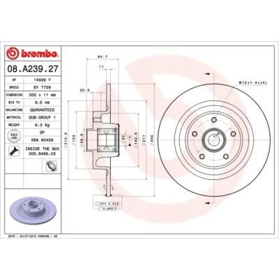Abbildung von BREMBO BEARING DISC LINE 08.A239.27 Bremsscheibe 300 11 5 voll mit Radlagersatz, ABS Sensorring RENAULT: ESPACE 4, Vel Satis