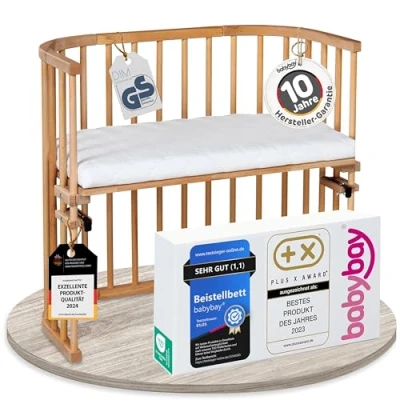 Abbildung von babybay Original Beistellbett aus massivem Buchenholz/kompakt &amp; verwandelbar/Kinderbett Höhe stufenlos verstellbar umweltfreundlich/mitwachsendes Babybett (kernbuche geölt) / inkl. Matratze