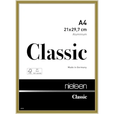Abbildung von nielsen Bilderrahmen, 21 x 29,7 cm (A4), Aluminium, Gold glanz, Dokumentenrahmen zum Aufhängen im Hoch &amp; Querformat, Echtglas, Classic