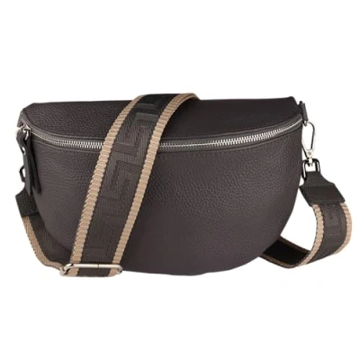 Abbildung von MIRROSI® Bauchtasche Damen, Echtleder, Made in Italy, Umhängetasche, Brusttasche, Crossbody Bag (1 Tasche &amp; 2 Gurte) (Dunkelgrau (UNI Dunkelgrau), Große (28x18x9cm))