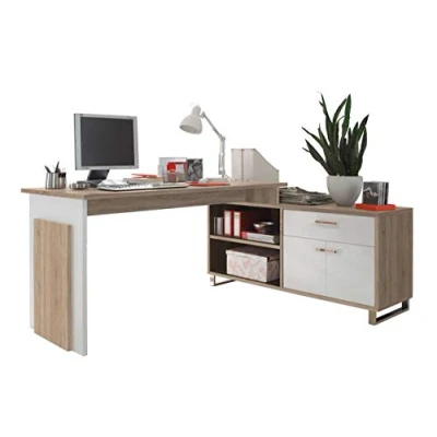 Abbildung von Avanti Trendstore Malmo Eckschreibtisch aus Holzdekor mit integrieter Kommode, Farbe Sonoma Eiche/weiß. Maße BHT Schreibtisch: 140x76x65 cm, Kommode: 130x62x40 cm