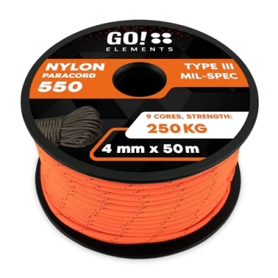 Abbildung von GO!elements 50m Paracord Seil aus reißfester Nylonschnur 4mm 550 Typ III Schnur geeignet als Allzweckseil &amp; Reepschnur Max. 250kg, Farbe: Orange Reflektierenden