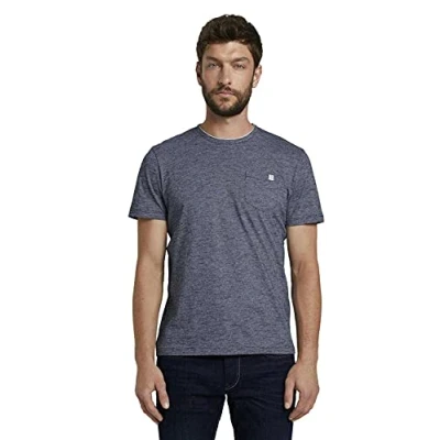 Abbildung von TOM TAILOR Herren Fein gemustertes T Shirt mit Brusttasche 1021232, 10435 Dark Blue Stripe, XXL