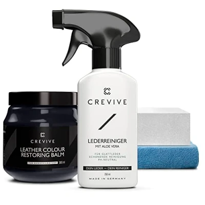 Abbildung von CREVIVE Lederreiniger 250 ml &amp; Leder Reparatur Set Marineblau 300 (Blau) Lederpflege Auto Lederreparatur Sofa Autositz