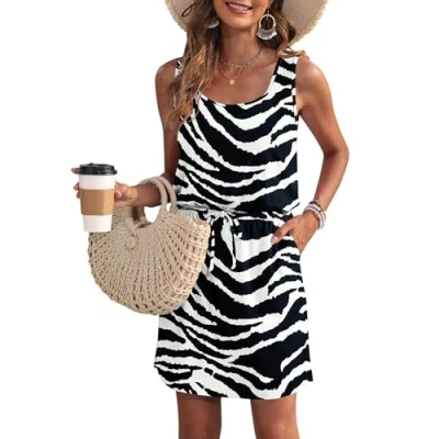 Abbildung von WNEEDU Sommerkleid Damen Ärmellose Strandkleid U Ausschnitt Kordelzugkleid Luftiges Kleid Sommer mit Taschen Zebra Dicke Streifen XL