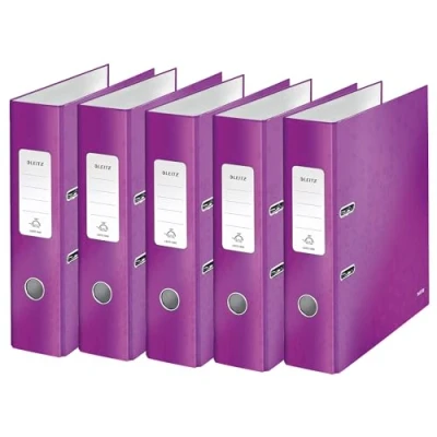Abbildung von Leitz Qualitäts Ordner 180, 5er Pack, A4, 8 cm Rückenbreite, laminierte Graupappe, Violett, WOW Serie, Design kann variieren, 10054062