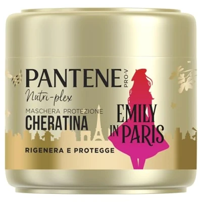 Abbildung von Pantene x Emily in Paris regeneriert und schützt Keratin Schutzmaske, 300 ml, limitierte Auflage, hilft bei der Reparatur Stärkung von trockenem beschädigtem Haar.