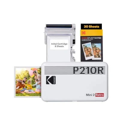 Abbildung von KODAK Mini 2 Retro 4PASS Mobiler Fotodrucker (5,3x8,6cm) Paket met 68 Blatts, Weiß